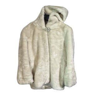 White Faux Fur Hooded Coat With Rhinestone Clasp - Size L By Jingdianjemei